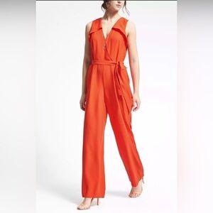 Banana Republic Orange Ruffle Shoulder Wide Leg Jumpsuit Belted Size 2